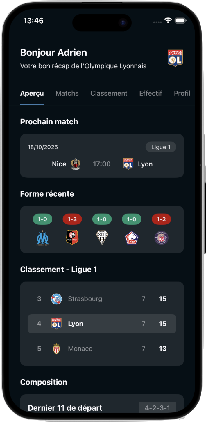 Écran d'accueil d'une application de football pour l'Olympique Lyonnais.