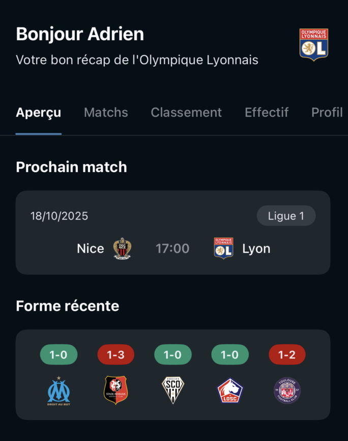 Capture d'écran de l'interface d'une application de football affichant un récapitulatif pour l'Olympique Lyonnais.
